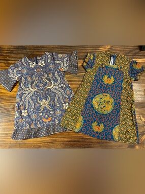 Two Batik Keris Girls Cotton Batik Dresses Size S Dragon Phoenix Birds Blue